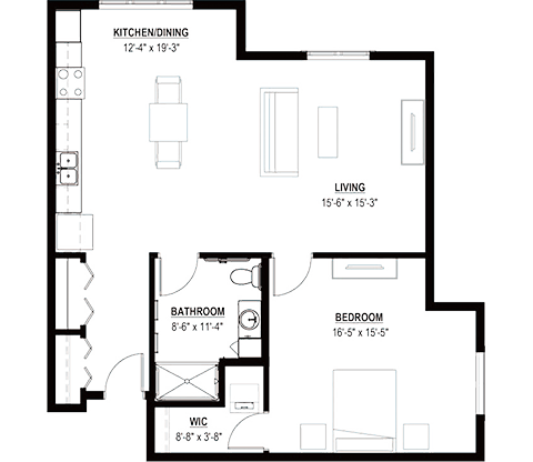 Floor Plan Assisted Living One Bedroom 1042 sq ft
