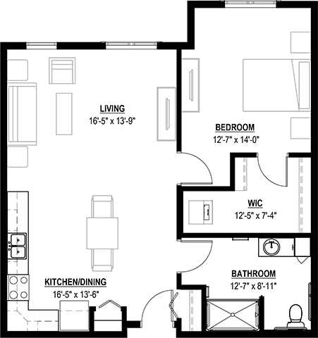 Floor Plan Assisted Living One Bedroom 905 sq ft