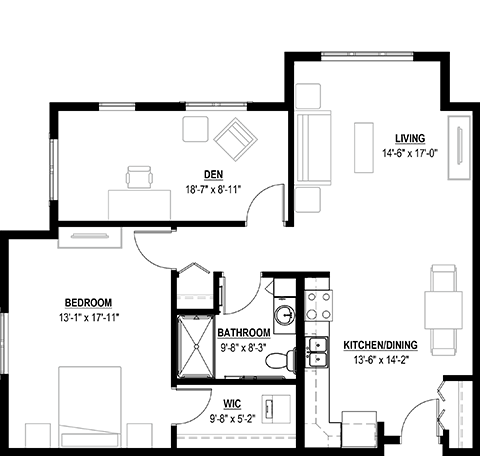 Floor Plan Independent Living One Bedroom + Den 1083 sq ft