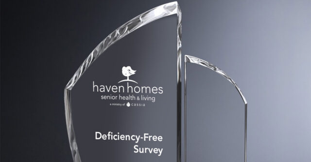 Glass award displaying the Haven Homes Senior Health & Living logo and the words “Deficiency-Free Survey,” recognizing the community’s achievement in quality care and compliance.
